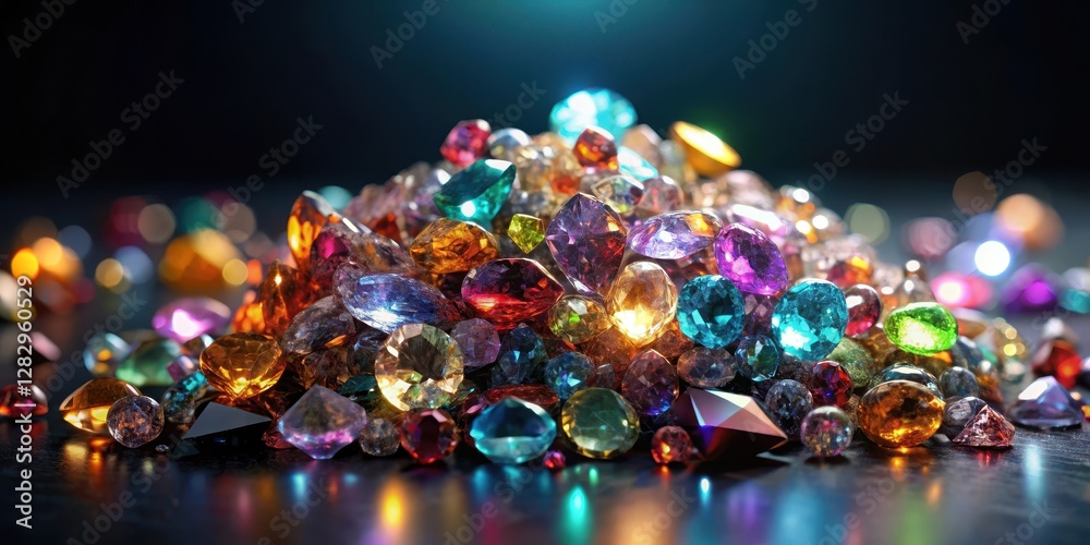 Glittering pile of precious gemstones scattered on a dark surface Glittering pile of precious gemstones scattered on a dark surface