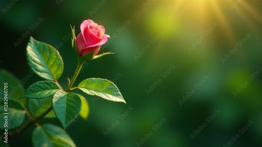 Obraz premium A single pink rosebud bathed in sunlight, showcasing its delicate petals and vibrant green foliage against a softly blurred background.