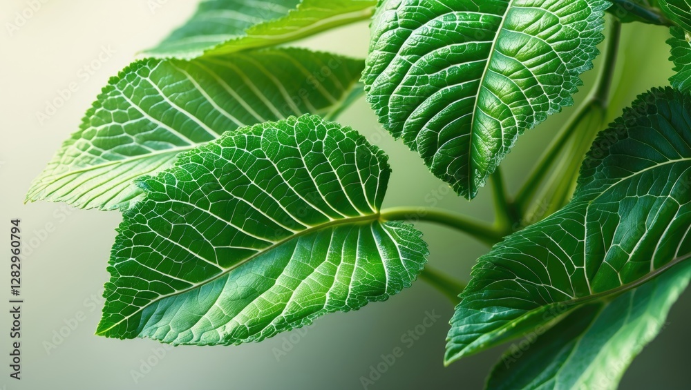 Close-up of fresh green leaves with detailed vein structure on a blurred natural background. Close-up of fresh green leaves with detailed vein structure on a blurred natural background.