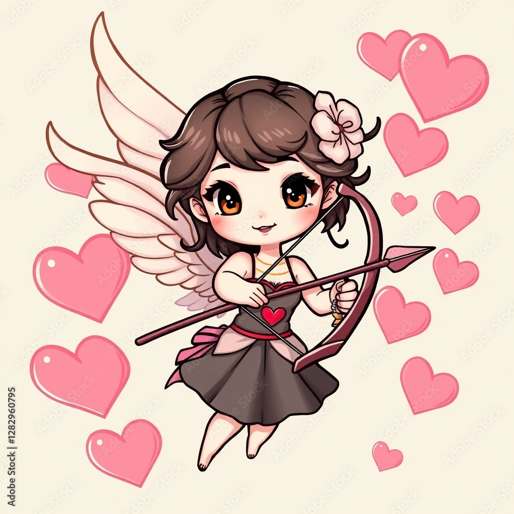 Adorable Cupid Girl Aiming Bow and Arrow Hearts Adorable Cupid Girl Aiming Bow and Arrow Hearts