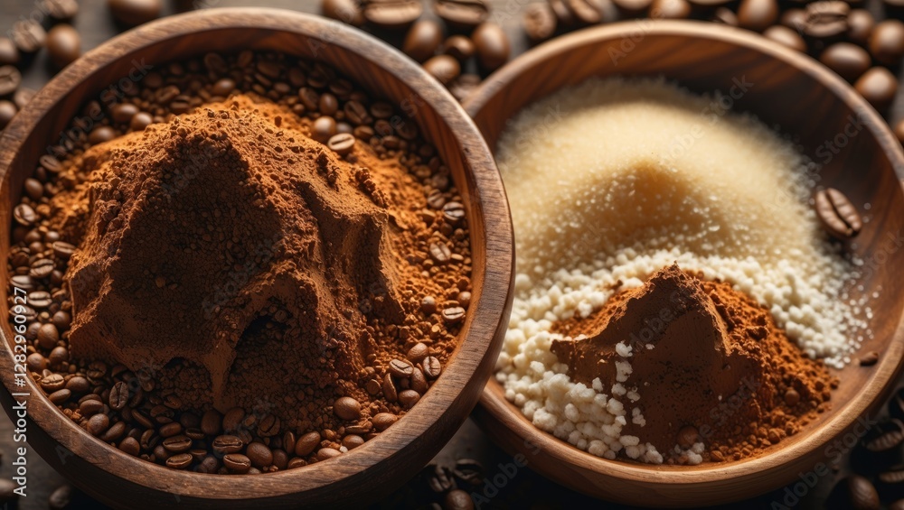 Coffee grounds and sugar in wooden bowls surrounded by coffee beans on a rustic table Coffee grounds and sugar in wooden bowls surrounded by coffee beans on a rustic table