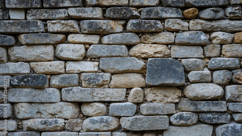 Fototapeta premium Textured stone wall pattern with various shapes and colors showing natural wear and weathering.