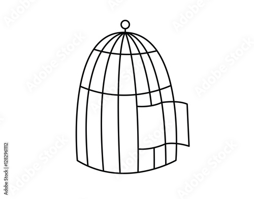 Open cage concept line doodle icon. Flat concept open cage of liberation, freedom sticker. Isolated on white background.