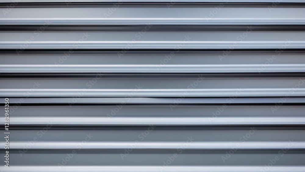 Metallic gray textured background with horizontal lines and shadows from a rolling shutter system or similar architectural feature Metallic gray textured background with horizontal lines and shadows from a rolling shutter system or similar architectural feature