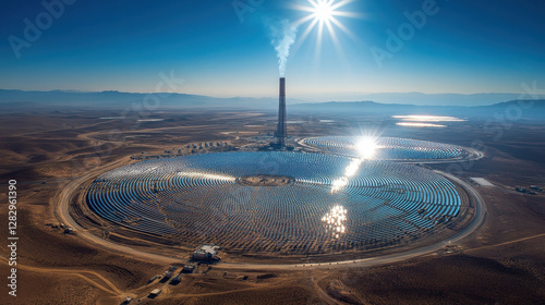 Aerial view of a concentrated solar power plant in the desert landscape using renewable energy sources and mirroring sunlight to generate electricity with clear blue sky photo