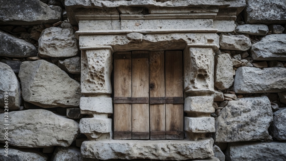 Wooden window framed by stone wall in aged building showcasing architectural details and historical texture Wooden window framed by stone wall in aged building showcasing architectural details and historical texture