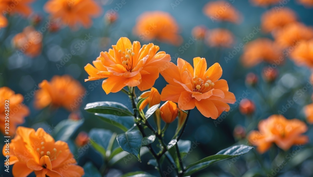 orange flowers blooming in a garden with green leaves and a blurred background in soft natural light orange flowers blooming in a garden with green leaves and a blurred background in soft natural light