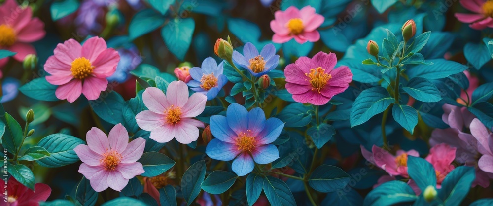 Colorful garden flowers with vibrant pink and blue petals surrounded by rich green foliage in a natural setting Colorful garden flowers with vibrant pink and blue petals surrounded by rich green foliage in a natural setting