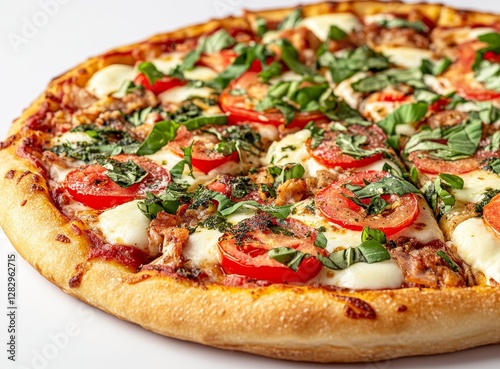 Delicious cheese pizza with fresh tomatoes and basil. (1)