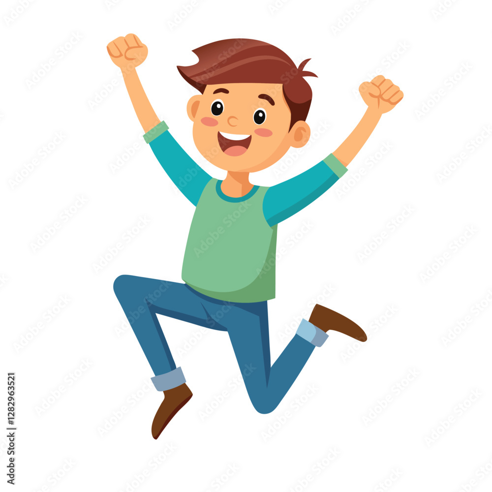 Happy boy jumping up in air. Excited joyful teenager celebrating, flying in air in dynamic energetic emotional pose with fists, arms gesture. Flat vector illustration isolated on white background Happy boy jumping up in air. Excited joyful teenager celebrating, flying in air in dynamic energetic emotional pose with fists, arms gesture. Flat vector illustration isolated on white background