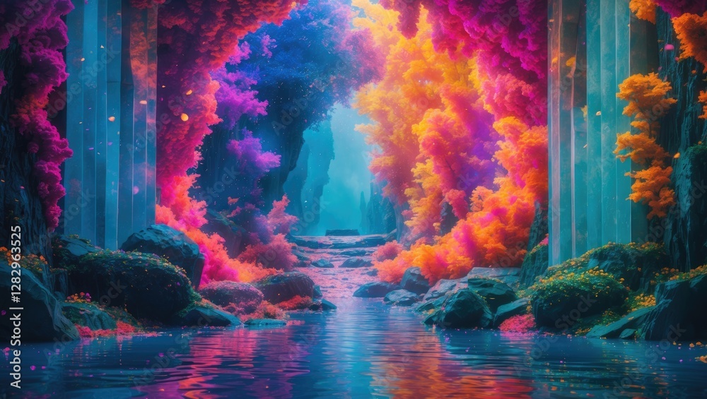 Obraz premium Colorful fantasy landscape with vibrant trees and calm water reflections in a serene forest setting