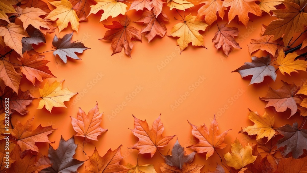 Fototapeta premium Colorful autumn leaves arranged in a circular pattern on an orange background creating a fall-themed composition.