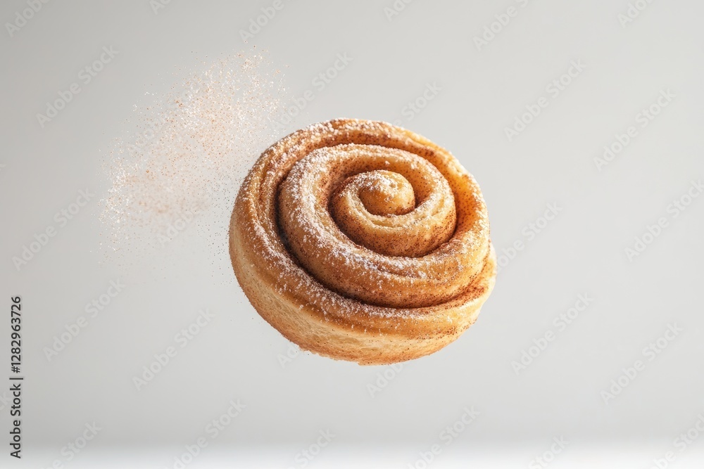 Fototapeta premium Sweet Cinnamon Roll in Mid Air Dusting Sugar