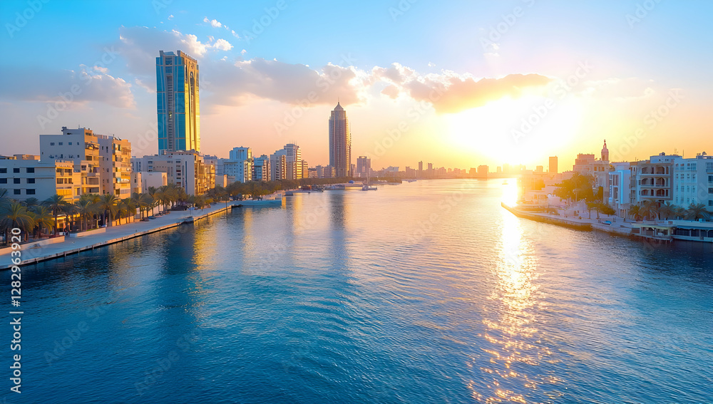 Obraz premium Stunning sunset over a waterfront city with modern skyscrapers and traditional buildings, boats on the calm water, palm trees lining the promenade; ideal for travel brochures or real estate websites