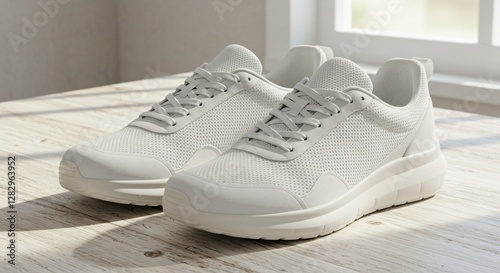A pair of modern white athletic sneakers with a breathable mesh design, placed on a light wooden surface near a window, illuminated by natural sunlight. Stylish, lightweight, and comfortable.
