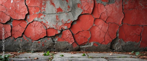 cracked red wall texture with peeling paint and vegetation on a concrete floor in urban environment