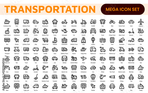 Transport icon set. Containing distribution, shipping, transportation, delivery, cargo, freight, route planning, supply chain, export and import icons. Solid icon collection.