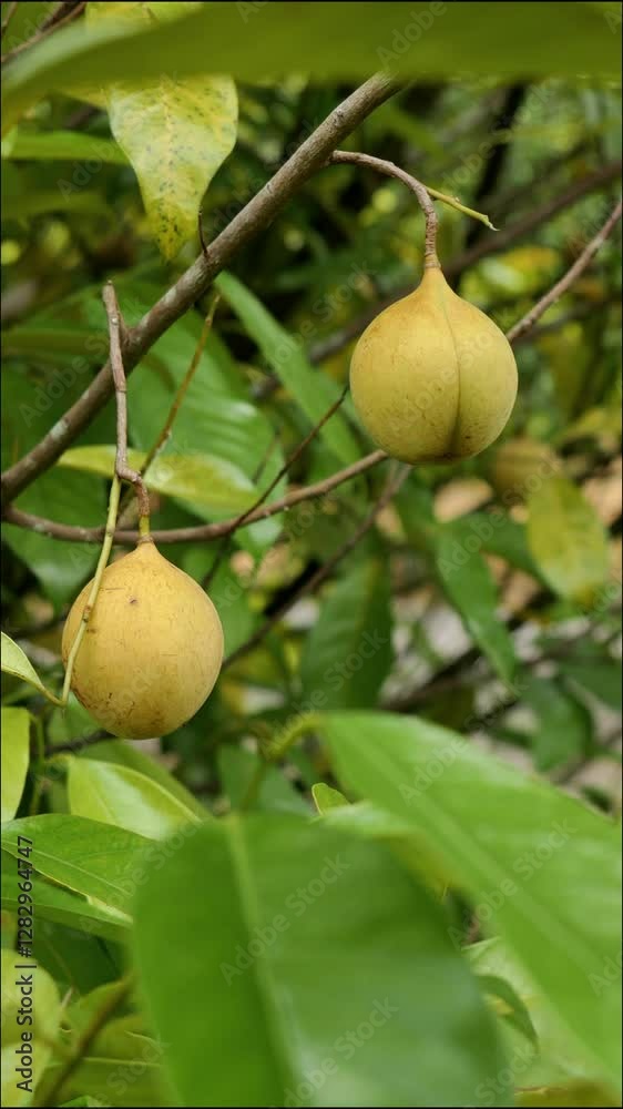 Selective focus of two ripe nutmegs hanging on a tree branch with green and yellowish leaves. Nutmeg is commonly used for medicinal, cooking and food purposes. Selective focus of two ripe nutmegs hanging on a tree branch with green and yellowish leaves. Nutmeg is commonly used for medicinal, cooking and food purposes.