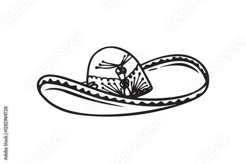 Hand drawn Mariachi hat illustration. Doodle mariachi hat. Sketch of mariachi hat isolated on white background. Sketch of sombrero. Vector illustration.
