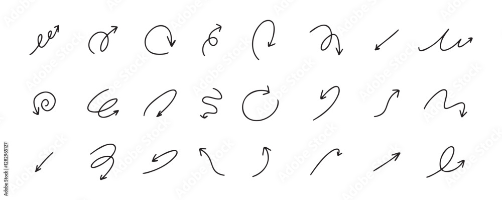 Doodle spiral arrows set. Hand drawn arrows. Design quirky twist line, curve wave arrow. 