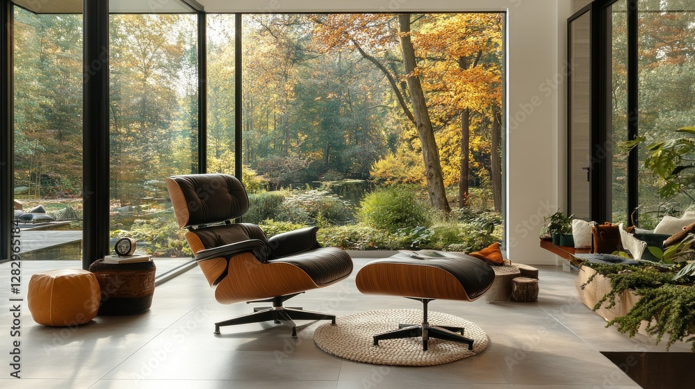 Fototapeta premium Modern lounge chair set with ottoman, autumnal garden view