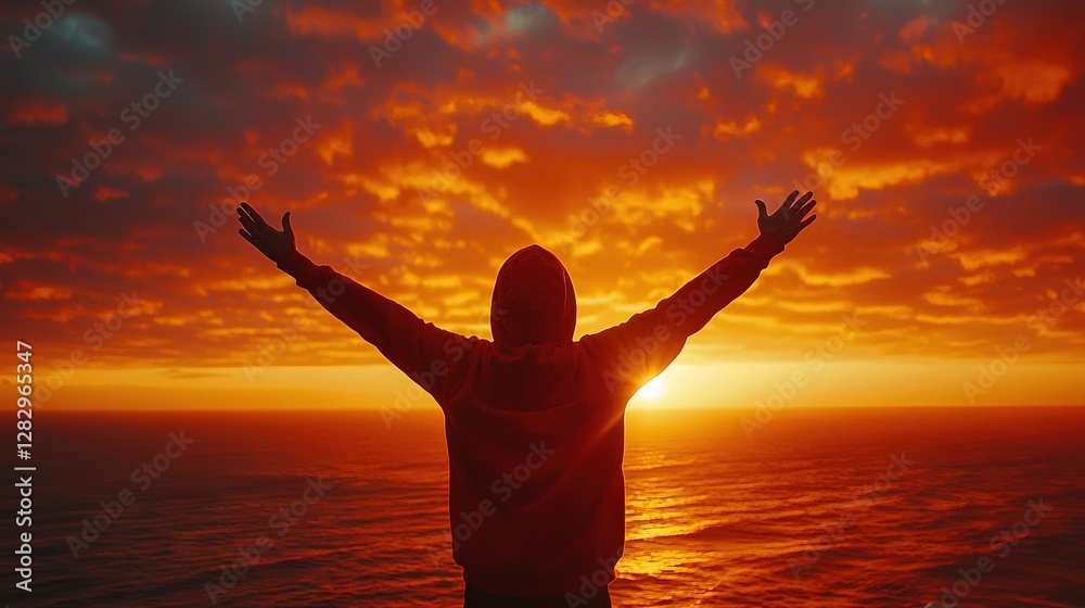 Fototapeta premium A person standing with their back arms raised in a victorious pose