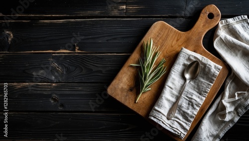 Wooden cutting board with fresh rosemary, silver spoon, and linen napkin on dark rustic wooden table photo