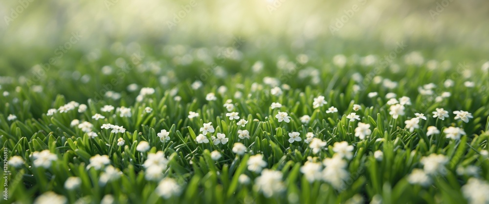Green grass field with small white flowers under soft natural light in a blurred background Green grass field with small white flowers under soft natural light in a blurred background