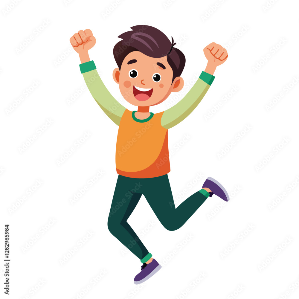 Happy boy jumping up in air. Excited joyful teenager celebrating, flying in air in dynamic energetic emotional pose with fists, arms gesture. Flat vector illustration isolated on white background Happy boy jumping up in air. Excited joyful teenager celebrating, flying in air in dynamic energetic emotional pose with fists, arms gesture. Flat vector illustration isolated on white background