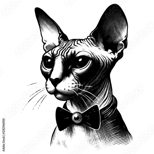Line art drawing of Sphynx cat's ink sketch kitten vector hand drawn illustration background