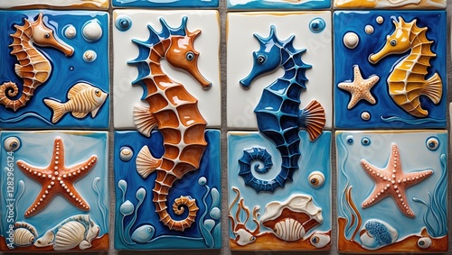Textured ceramic tiles featuring colorful seahorse and starfish designs in vibrant oceanic colors and patterns