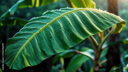 Fresh banana leaf glistening with morning dew in a tropical forest showcasing nature's beauty and vibrant greenery. photo