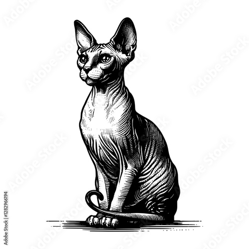 Line art drawing of Sphynx cat's ink sketch kitten vector hand drawn illustration background