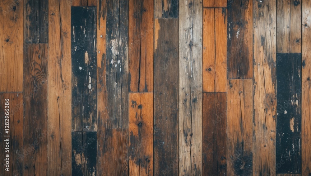 Textured wooden floor with a variety of wood tones and patterns showcasing wear and natural imperfections in a planked layout Textured wooden floor with a variety of wood tones and patterns showcasing wear and natural imperfections in a planked layout