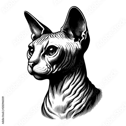 Line art drawing of Sphynx cat's ink sketch kitten vector hand drawn illustration background