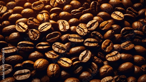 Close-up view of roasted coffee beans textured background in various shades of brown with highlights and shadows photo