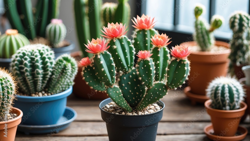 Colorful blooming cacti in various pots arranged on wooden surface in indoor garden setting with natural light