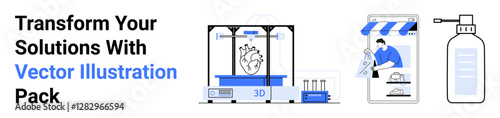 3D printer creating anatomical heart, person wrapping food in shop, sanitizing bottle nearby. Ideal for innovation, technology, e-commerce, creativity, hygiene, prototyping flat landing page banner