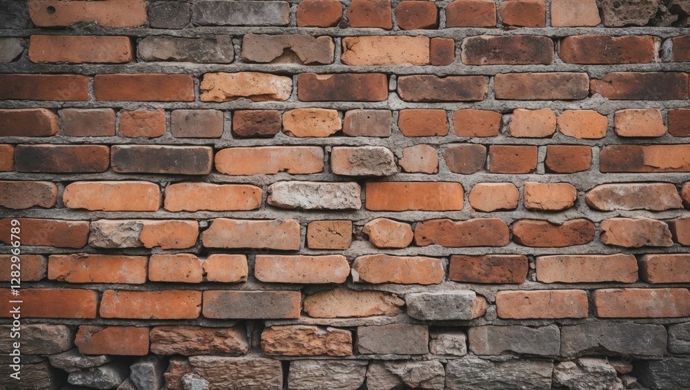 Textured wall made of old red and gray bricks with rough stone elements and varying shades of mortar in a horizontal arrangement. Textured wall made of old red and gray bricks with rough stone elements and varying shades of mortar in a horizontal arrangement.