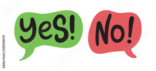 Yes no doodle words icon logo. Word yes and no text on talk speech bubble shape.