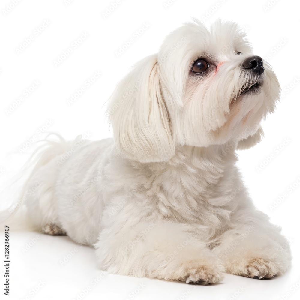 Maltese Dog Relaxing on Its Stomach Showcasing Fur and Features. Generative AI Maltese Dog Relaxing on Its Stomach Showcasing Fur and Features. Generative AI