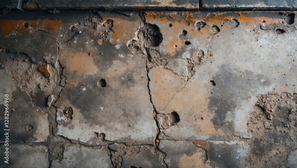 Concrete wall texture with cracks and holes showing wear and decay in an industrial setting. Concrete wall texture with cracks and holes showing wear and decay in an industrial setting.