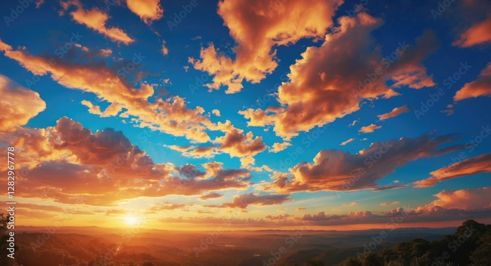 Fototapeta premium Colorful sunset sky with clouds over a landscape horizon at twilight showcasing orange and blue hues with dramatic cloud formations