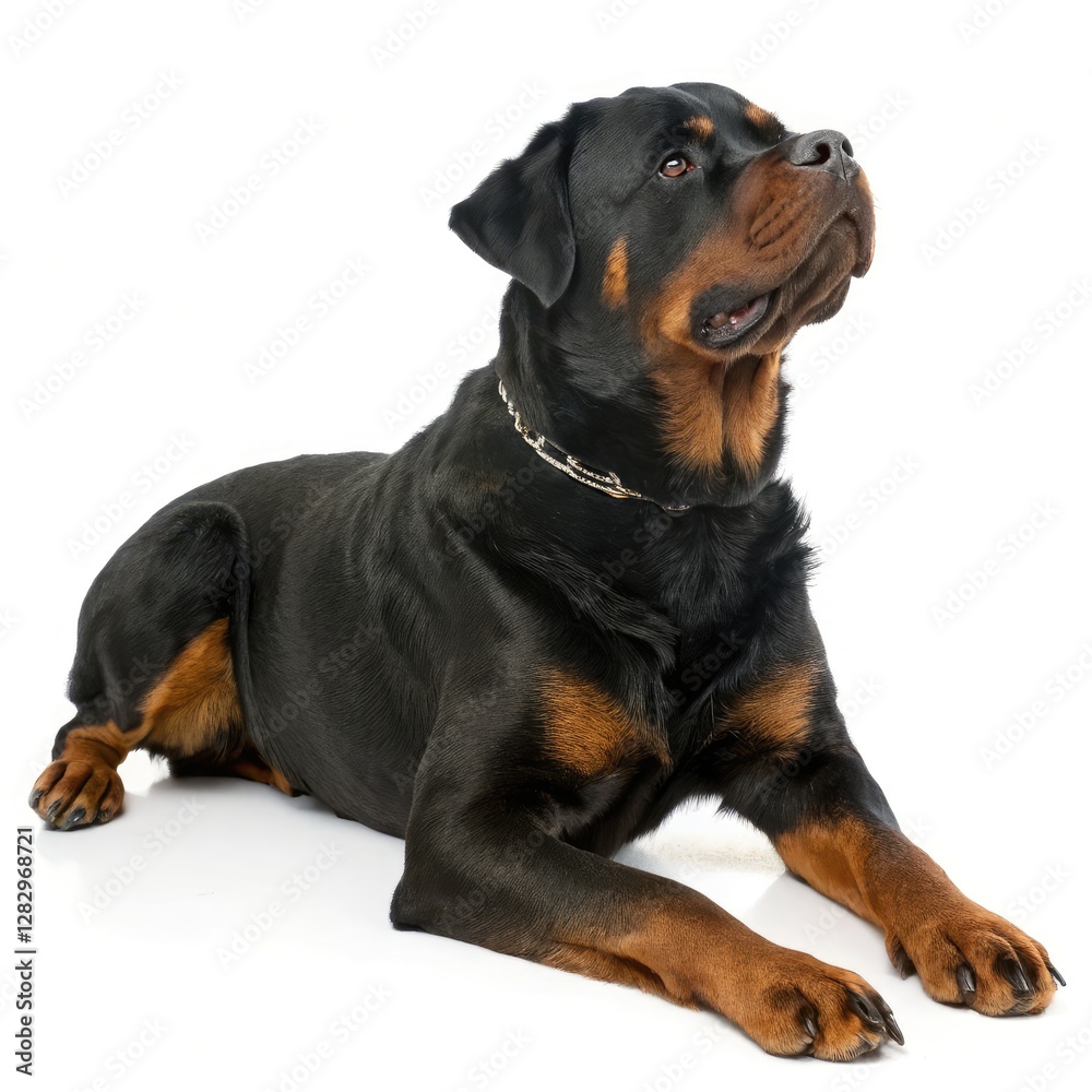 Rottweiler Lying on Side With Alert Expression in Studio. Generative AI Rottweiler Lying on Side With Alert Expression in Studio. Generative AI