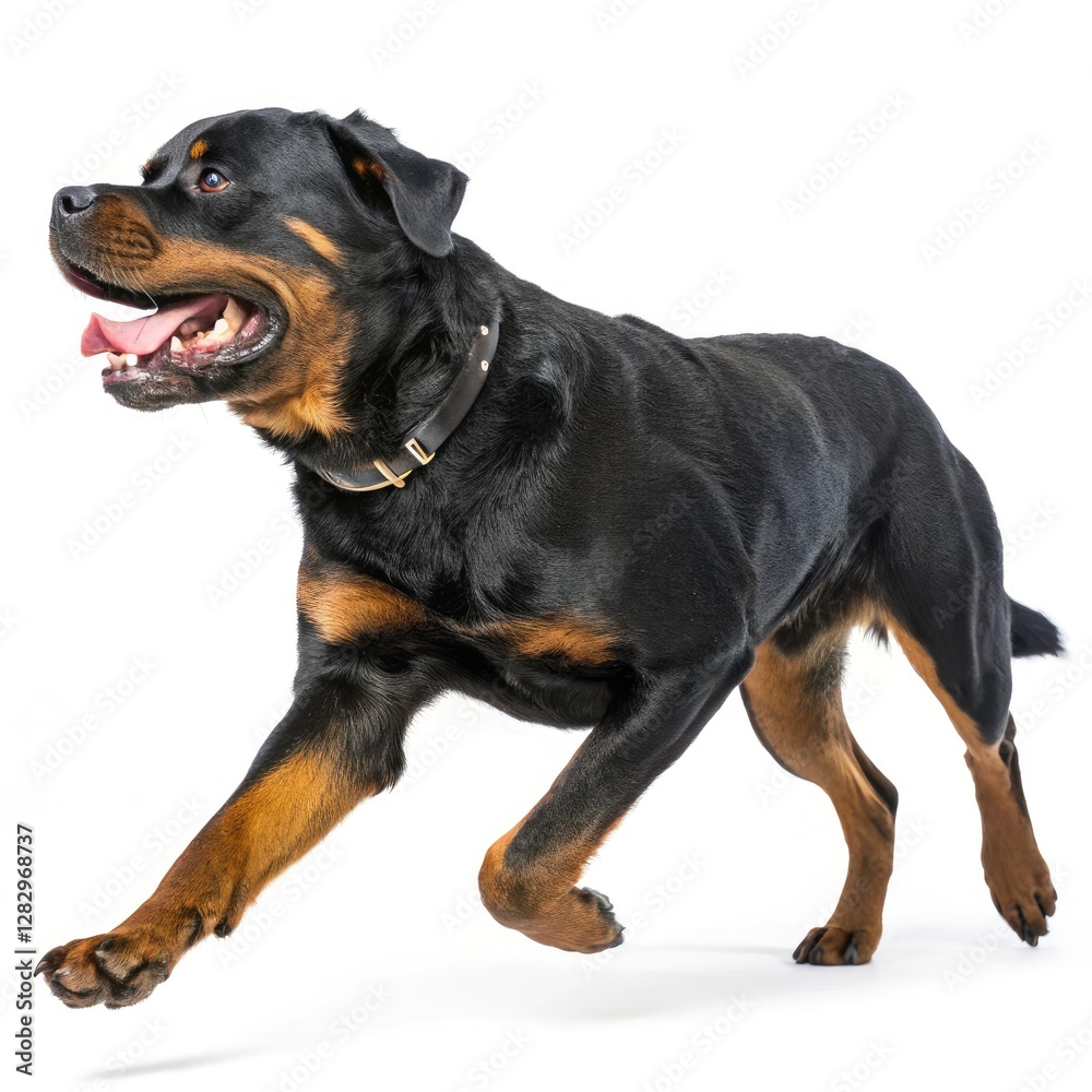 Rottweiler Running in Side View on a White Background. Generative AI Rottweiler Running in Side View on a White Background. Generative AI