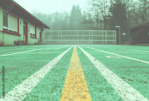 Wallpaper Mural foggy running track leads to goal, surrounded by trees and buildings, creating serene atmosphere Torontodigital.ca