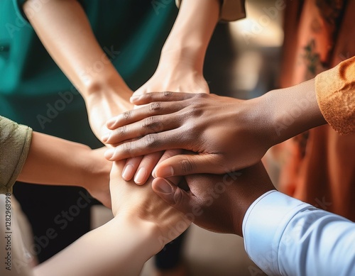 group of hands on top of each other showing teamwork and collaboration