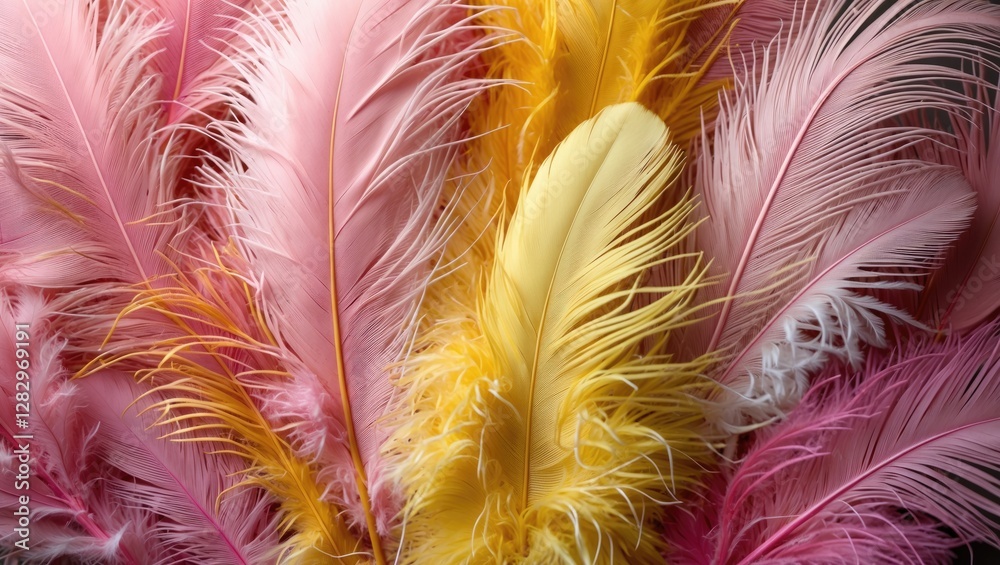 Fototapeta premium Colorful decorative feathers in shades of pink and yellow arranged artistically on a dark background