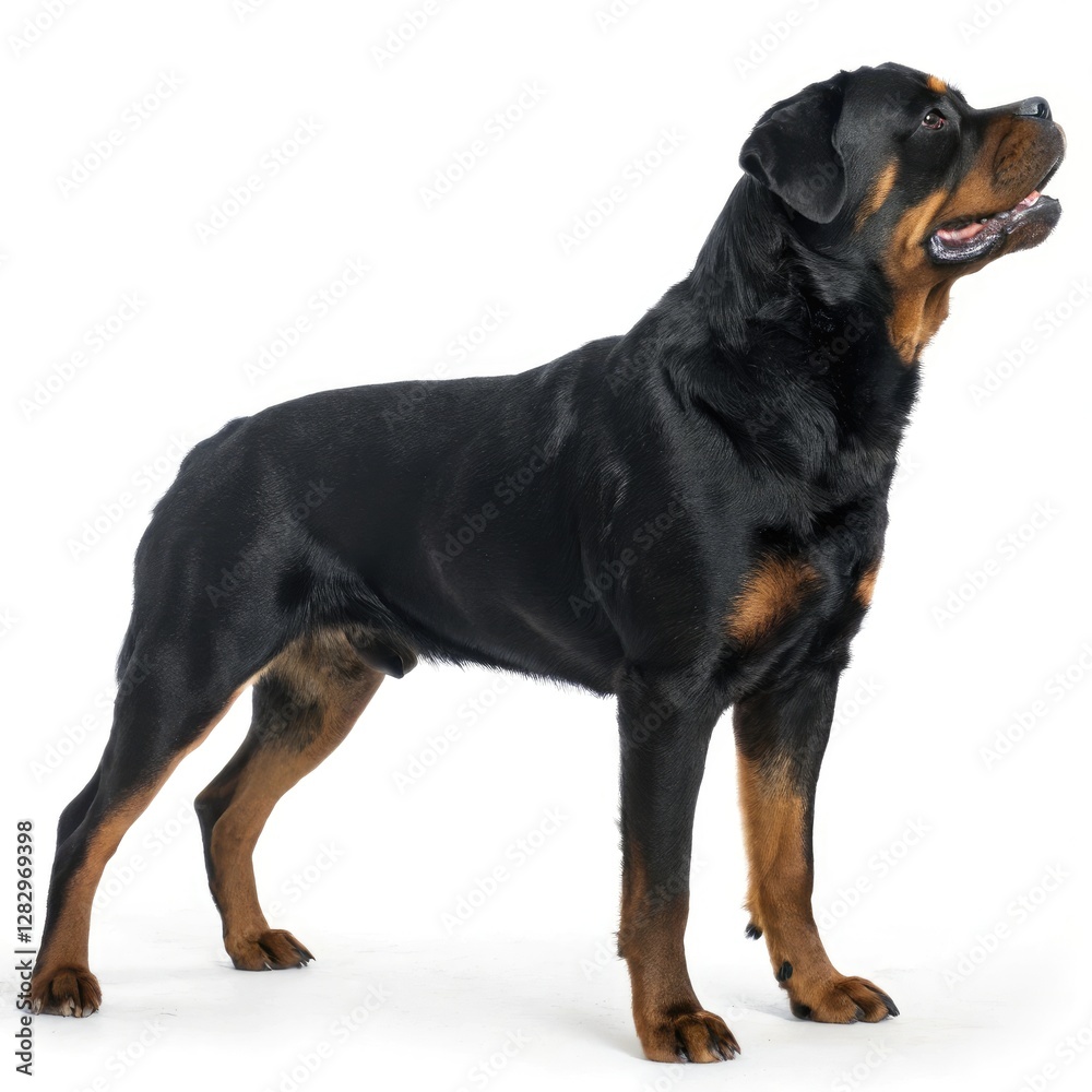 Rottweiler Standing in Profile Showcasing Breed Characteristics. Generative AI Rottweiler Standing in Profile Showcasing Breed Characteristics. Generative AI
