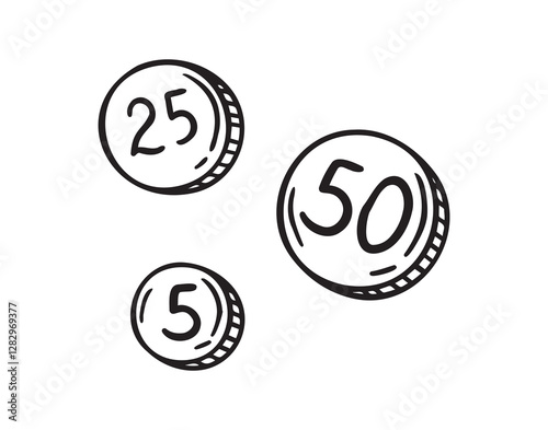 5, 25 and 50 coins money doodle hand drawn icon. Outline drawing 5, 25 and 50 coins line clipart symbol
